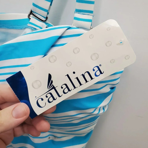 Catalina Woman's Aqua White Stripe‎ Built In Bra Swim Tankini NWT Plus Size 1X - Picture 3 of 6